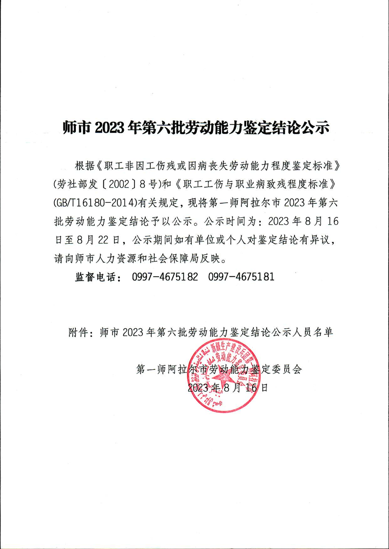 师市2023年第六批劳动能力鉴定结论公示
