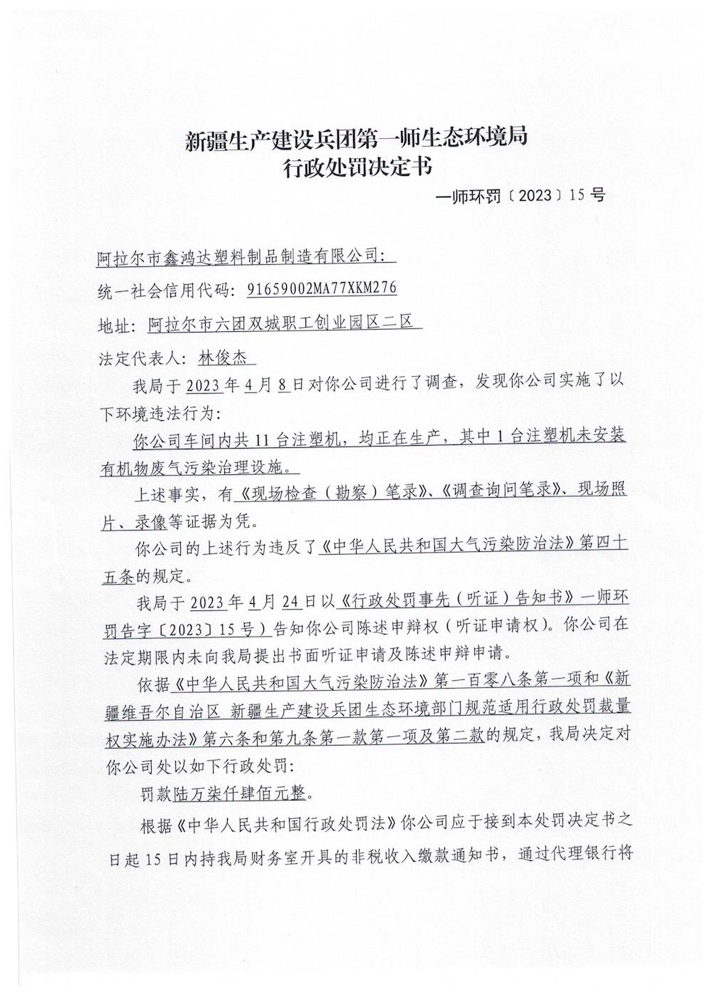 关于阿拉尔市鑫鸿达塑料制品制造有限公司《行政处罚决定书》的公示